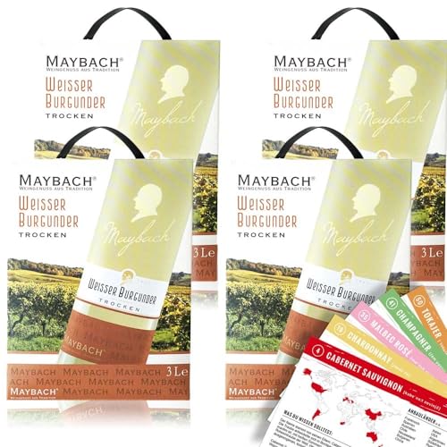 Maybach Weisser Burgunder QbA, trocken, Bag-in-Box, sortenreines Weinpaket + VINOX Winecards (4x3,0l) von VINOX