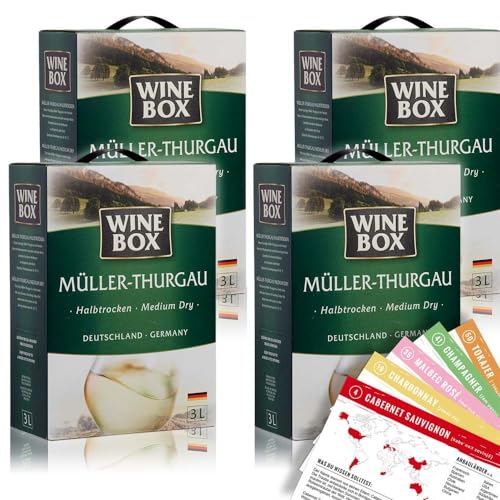 4x Wine Box Müller-Thurgau Landwein Weisswein, halbtrocken, Bag-in-Box, sortenreines Weinpaket + VINOX Weinkarten (4x3,0 l) von VINOX