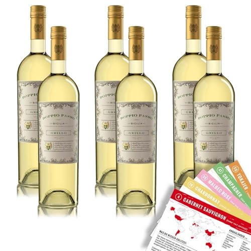 Doppio Passo Sicilia Grillo, halbtrocken, sortenreines Weinpaket + VINOX Winecards (6x0,75l) von VINOX