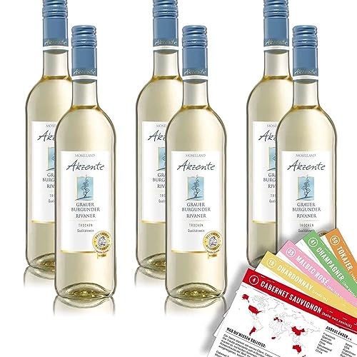 Moselland Akzente Grauer Burgunder & Rivaner, trocken, sortenreines Weinpaket + VINOX Winecards (6x0,75l) von VINOX