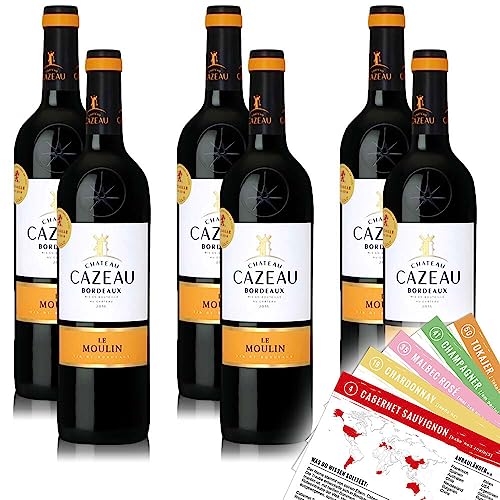 Château Cazeau Le Moulin Bordeaux AOP, trocken, sortenreines Weinpaket + VINOX Winecards (6x0,75l) von VINOX