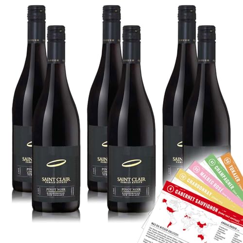 6 Flaschen Rotwein Neuseeland SAINT CLAIR Pinot Noir 2019 + VINOX Weinkarten (6x0,75 l) von VINOX