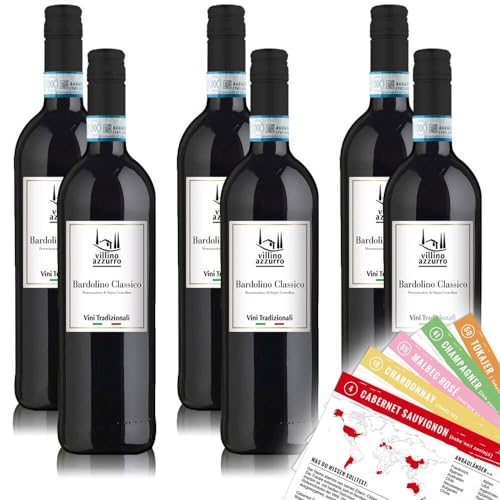 Villino Azzurro Bardolino Classico DOC Rotwein, trocken, sortenreines Weinpaket + VINOX Winecards (6x0,75l) von VINOX