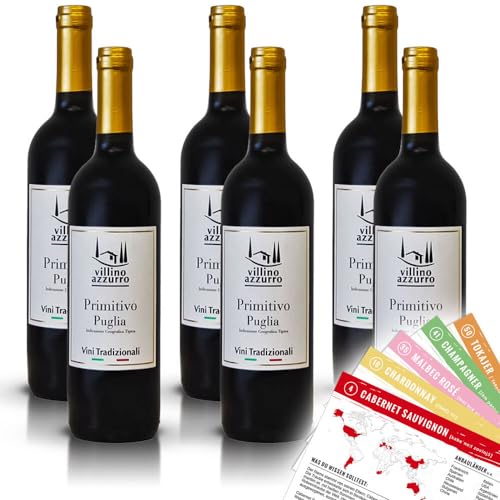 Villino Azzurro Primitivo Puglia IGT Rotwein, trocken, sortenreines Weinpaket + VINOX Winecards (6x0,75l) von VINOX