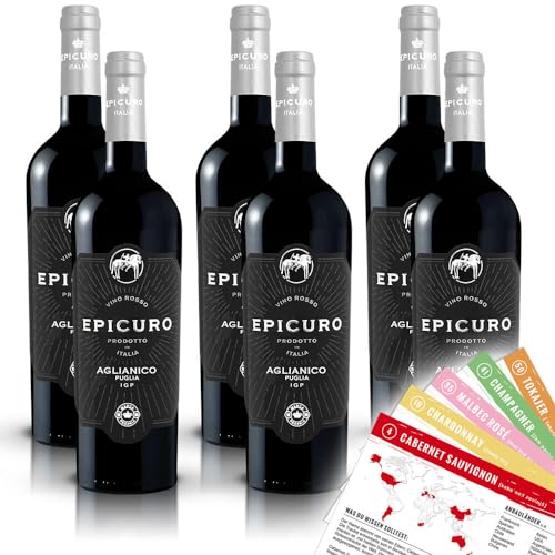 Epicuro Aglianico Puglia IGT, trocken, sortenreines Weinpaket + VINOX Winecards (6x0,75l) von VINOX