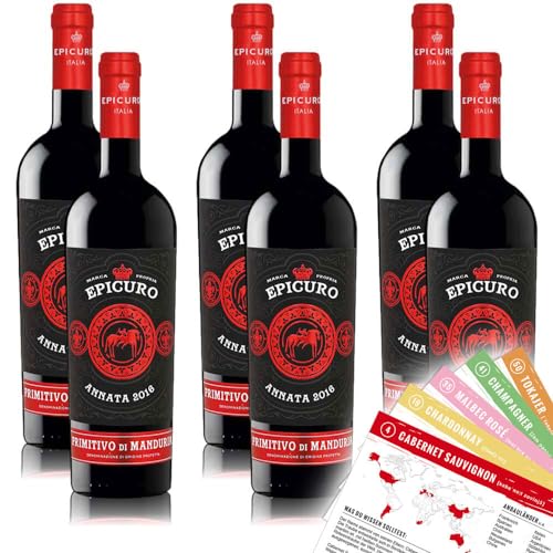 Epicuro Primitivo di Manduria DOP, halbtrocken, sortenreines Weinpaket + VINOX Winecards (6x0,75l) von VINOX