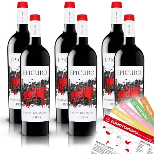 Epicuro Primitivo di Manduria Riserva, trocken, sortenreines Weinpaket + VINOX Winecards (6x0,75l) von VINOX