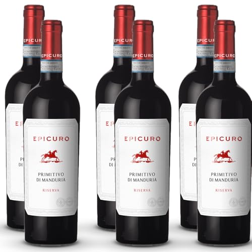 Epicuro Primitivo di Manduria Riserva, trocken, sortenreines Weinpaket + VINOX Winecards (6x0,75l) von VINOX