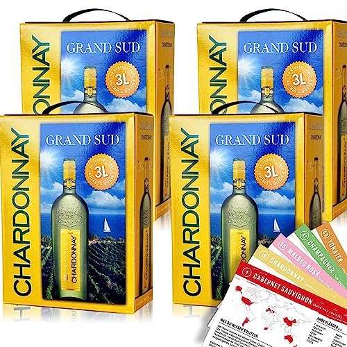 Grand Sud Chardonnay, trocken, Bag-in-Box, sortenreines Weinpaket + VINOX Winecards (4x3,0l) von VINOX