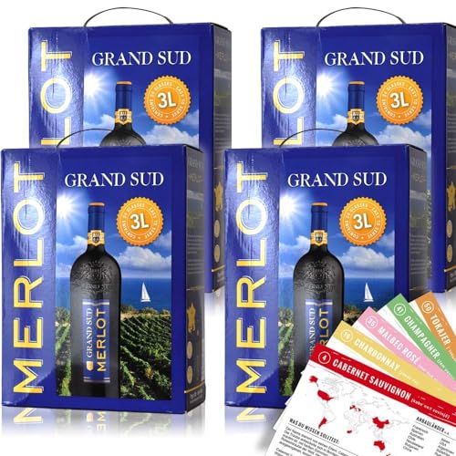 Grand Sud Merlot, trocken, Bag-in-Box, sortenreines Weinpaket + VINOX Winecards (4x3,0l) von VINOX