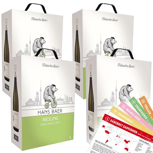 Hans Baer Riesling, trocken, sortenreines Weinpaket + VINOX Winecards (4x3,0l) 12L BIB von VINOX