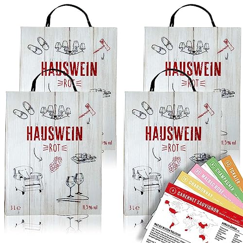 Hauswein Rot, halbtrocken, Bag-in-Box, sortenreines Weinpaket + VINOX Winecards (4x3,0l) von VINOX