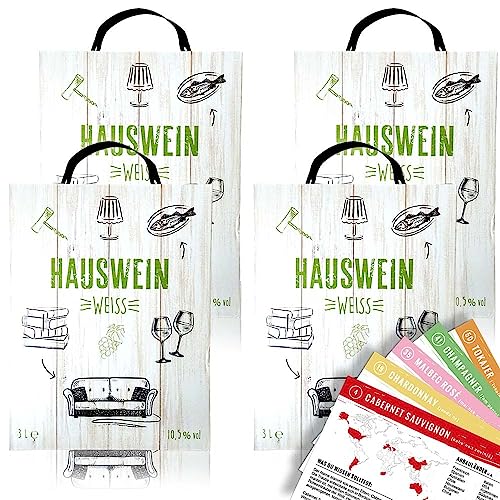Hauswein Weiß, halbtrocken, Bag-in-Box, sortenreines Weinpaket + VINOX Winecards (4x3,0l) von VINOX