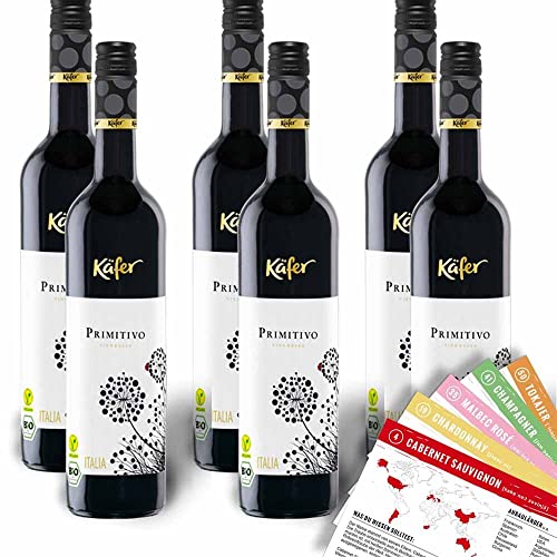Käfer Bio Primitivo Puglia IGP, trocken, sortenreines Weinpaket + VINOX Winecards (6x0,75l) von VINOX