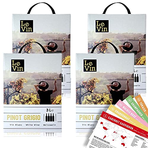 Le Vin Pinot Grigio, trocken, Bag-in-Box, sortenreines Weinpaket + VINOX Winecards (4x3,0l) von VINOX