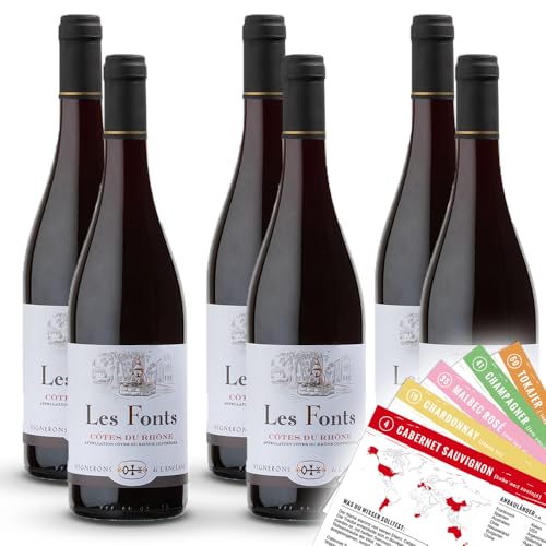 Les Fonts Côtes du Rhône AOC, trocken, sortenreines Weinpaket + VINOX Winecards (6x0,75l) von VINOX