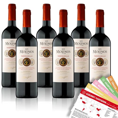 Los Molinos Tempranillo La Mancha, trocken, sortenreines Weinpaket + VINOX Weinkarten (6x0,75l) von VINOX