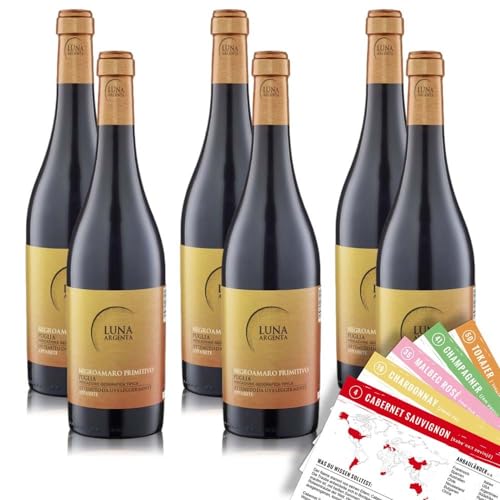 Luna Argenta Negroamaro Primitivo, halbtrocken, sortenreines Weinpaket + VINOX Winecards (6x0,75l) von VINOX