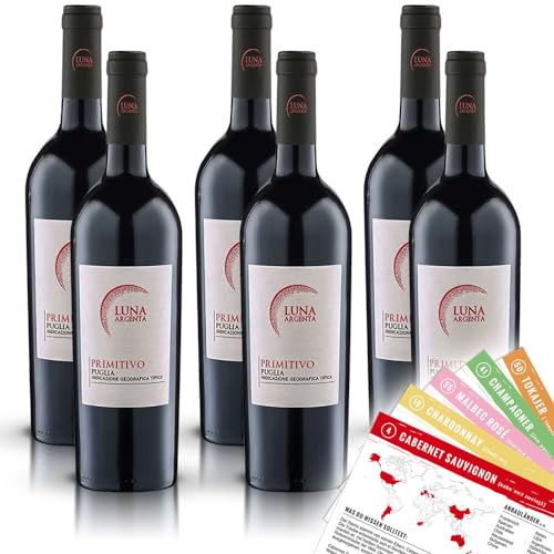 Luna Argenta Primitivo Puglia, trocken, sortenreines Weinpaket + VINOX Winecards (6x0,75l) von VINOX