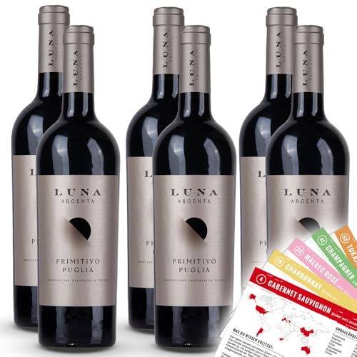 Luna Argenta Primitivo Puglia, trocken, sortenreines Weinpaket + VINOX Winecards (6x0,75l) von VINOX