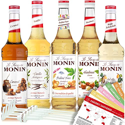 MONIN-SET Café 5+5-5x Kaffee Sirup + 5x Pumpen - Karamell, Vanille, Praline-Nuss, Haselnuss, Weisse Schokolade (5x 0,7l) von VINOX