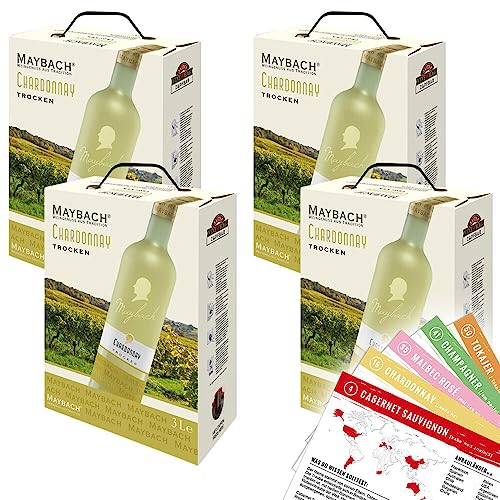 Maybach Chardonnay QbA, trocken, Bag-in-Box, sortenreines Weinpaket + VINOX Winecards (4x3,0l) von VINOX