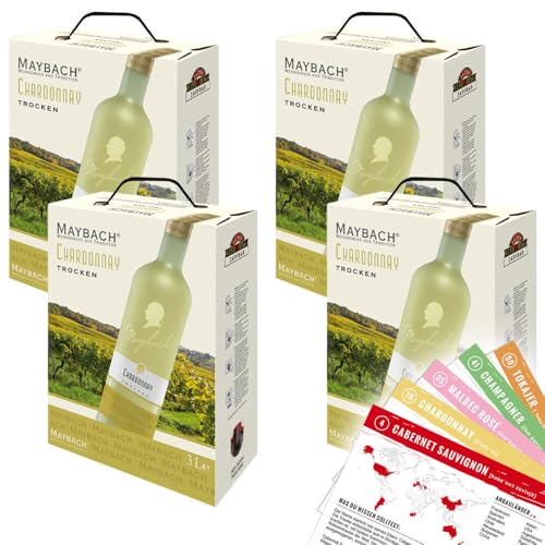 Maybach Chardonnay QbA, trocken, Bag-in-Box, sortenreines Weinpaket + VINOX Winecards (4x3,0l) von VINOX