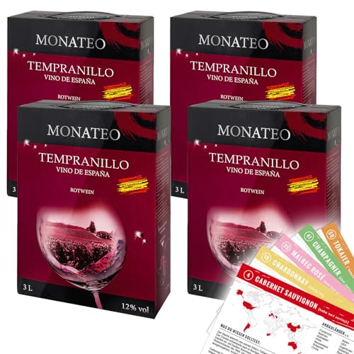 Monateo Tempranillo, trocken, Bag-in-Box, sortenreines Weinpaket + VINOX Winecards (4x3,0l) von VINOX