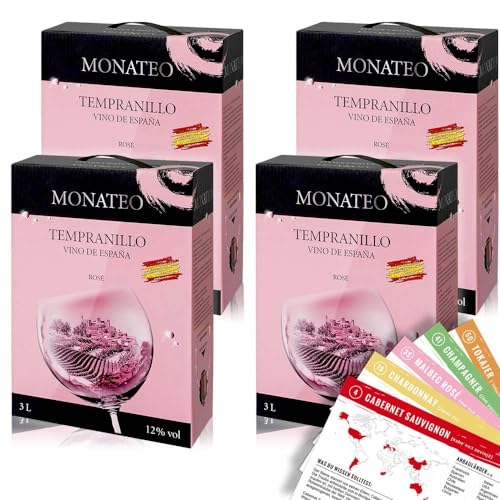 Monateo Tempranillo Rosé, trocken, Bag-in-Box, sortenreines Weinpaket + VINOX Winecards (4x3,0l) von VINOX