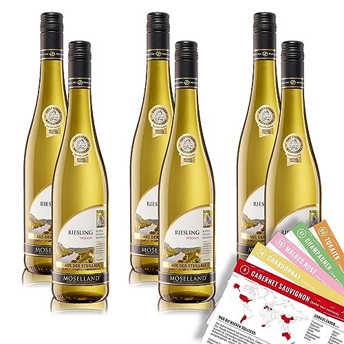 Moselland Riesling Hochgewächs Steillage QbA, trocken, sortenreines Weinpaket + VINOX Winecards (6x0,75l) von VINOX