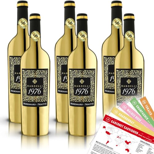 Nardelli 1976 Gold Edition Negroamaro Primitivo, halbtrocken, sortenreines Weinpaket + VINOX Winecards (6x0,75l) von VINOX