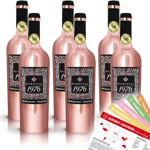 Nardelli 1976 Pink Edition Negroamaro Primitivo, halbtrocken, sortenreines Weinpaket + VINOX Winecards (6x0,75l) von VINOX