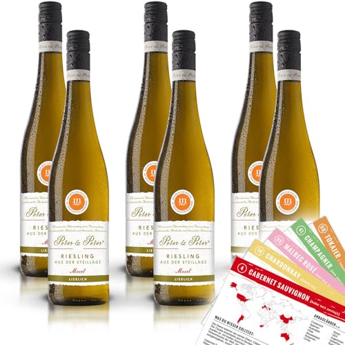 Peter & Peter Riesling aus der Steillage QbA, lieblich, 2022, sortenreines Weinpaket (6 x 0,75l) + VINOX Wine Cards von VINOX