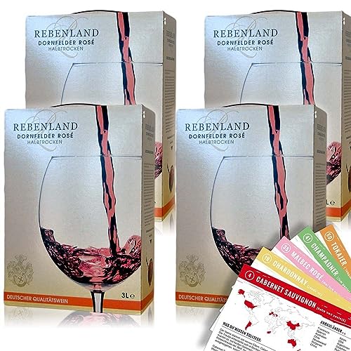 Rebenland Dornfelder Rosé, halbtrocken, Bag-in-Box, sortenreines Weinpaket + VINOX Winecards (4x3,0l) von VINOX