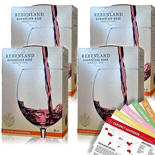 Rebenland Dornfelder Rosé, halbtrocken, Bag-in-Box, sortenreines Weinpaket + VINOX Winecards (4x3,0l) von VINOX