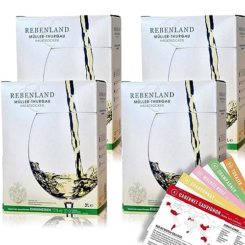 Rebenland Müller-Thurgau, halbtrocken, Bag-in-Box, sortenreines Weinpaket + VINOX Winecards (4x3,0l) von VINOX