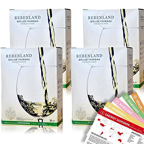 Rebenland Müller-Thurgau, halbtrocken, Bag-in-Box, sortenreines Weinpaket + VINOX Winecards (4x3,0l) von VINOX