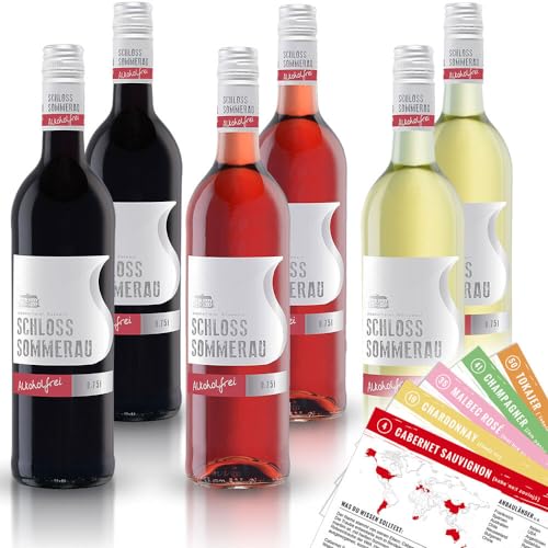Schloss Sommerau alkoholfrei Rot- Weiss- Roséwein, gemischtes Weinpaket + VINOX Winecards (6x0,75l) von VINOX