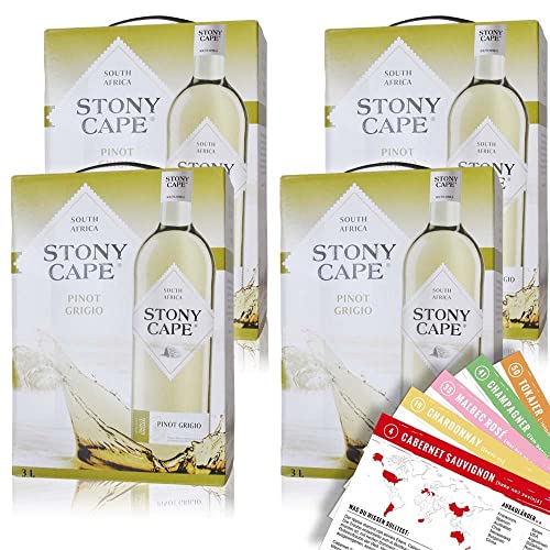 Stony Cape Pinot Grigio, trocken, Bag-in-Box, sortenreines Weinpaket + VINOX Winecards (4x3,0l) von VINOX
