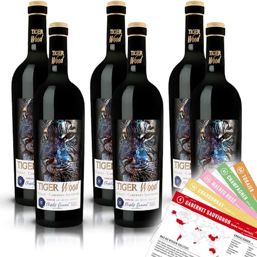 Tiger Wood Merlot-Cabernet Sauvignon, halbtrocken, sortenreines Weinpaket + VINOX Winecards (6x0,75l) von VINOX