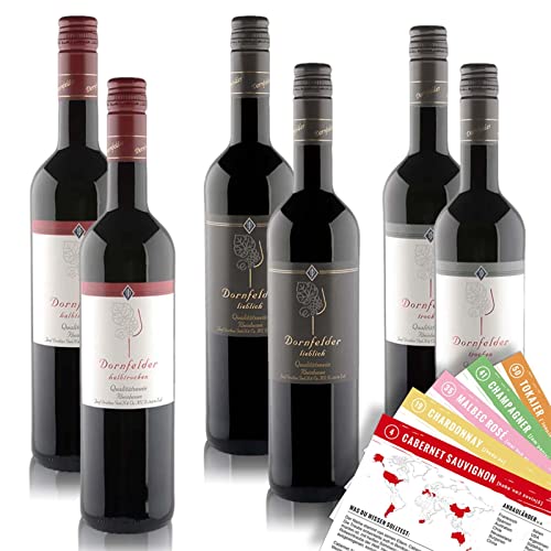 VINOX Dornfelder Probierpaket | trocken - halbtrocken - lieblich | Dornfelder Rotwein Mischpaket | 3 verschiedene Geschmackssorten | mit VINOX Weinkarten vom Sommelier im (6x0,75 l) Weinpaket von VINOX