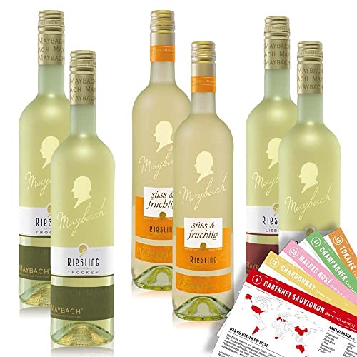 VINOX Maybach Riesling lieblich, süss, trocken Geschmacksweltt, Weinpaket + VINOX Weinkarten (6x0,75 l) von VINOX