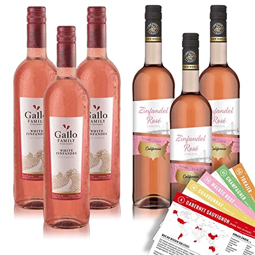 VINOX Zinfandel Probierpaket | OverSeas - Gallo Rosé | Rosé Zinfandel Paket | helle lachsrosafarbende Roséweine | mit VINOX Weinkarten vom Sommelier im (6x0,75 l) Weinpaket von VINOX