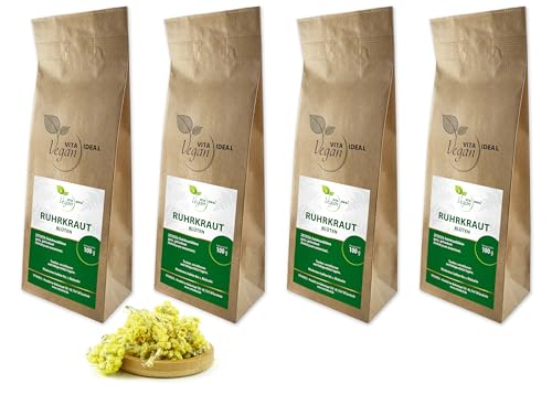 VITA IDEAL Vegan® RUHRKRAUT - Blüten 4x 100g ganz - Helichrysum arenarium - Ruhrkrautblüten - RÜHRKRAUTBLÜTEN Kräuter Tee & Aufguss, ohne Zusatzstoffe. von VITAIDEAL Vegan