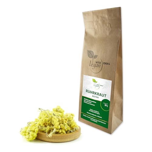 VITA IDEAL Vegan® RUHRKRAUT - Blüten 50g getrocknet - Helichrysum arenarium - Ruhrkrautblüten - RÜHR - KRAUTBLÜTEN Kräuter Tee & Aufguss, ohne Zusatzstoffe. von Dttra