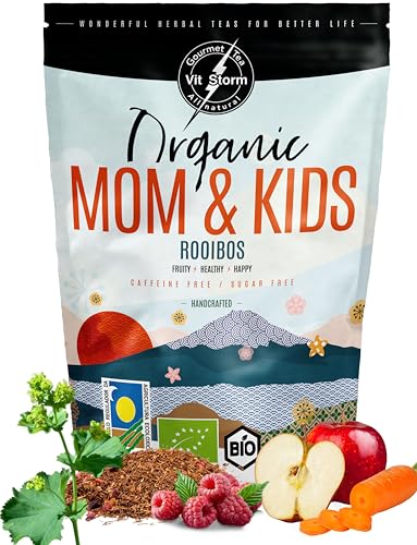VITSTORM® BIO TEE Mom & Kids – Frauentee & Stilltee – Rooibos, Apfel, Fenchel, Melisse, Frauenmantel, Erdbeere – Entspannungstee - Fruchtig & Lecker - Koffeinfrei - Kräutertee 100g von VITSTORM