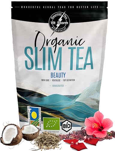 BIO SLIM TEA Beauty - Tee Lose für haut Haare Nägel - Rooibos, Weißer Tee, Kokos, Tulsi, Papaya, Rosenblüten, Aus Kontrolliert Biologischem Anbau - Anti Aging - Hochwertige Zutaten,100g - VITSTORM von VITSTORM