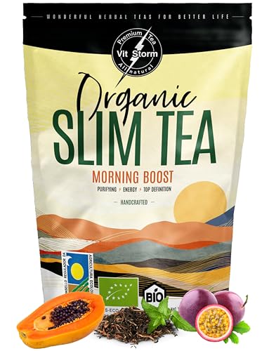 BIO SLIM TEA Morning Boost - Energy Tee & Entgiftungstee mit Grüner Tee lose, Brennnessel, Löwenzahn, Moringa Tee, Papaya, Mango, Kräutertee Detox aus Kontrolliert Biologischem Anbau, 100g – VITSTORM von VITSTORM