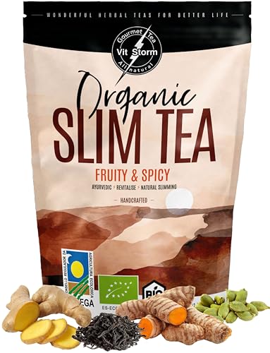 SLIM TEA BIO Fruity & Spicy - Chai Tee Lose - Schwarzem Tee, Kardamom, Zimt, Ingwer, Kurkuma, Pfeffer Schwarz, Nelken, Hagebutte, Vanille - Ayurveda Tee - Loser Tee Ideal Chai Latte, 100g - VITSTORM von VITSTORM