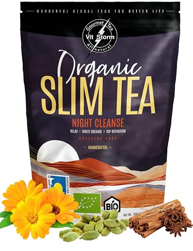 SLIM TEA Night Cleanse – BIO TEE Gute Verdauung - Bei Blähbauch - Detox Tee, Entspannungstee - Rooibos, Fenchel, Sternanis, Pfefferminze, Zimt, Ingwer, Melisse, Baldrian, kräutertee 100g – VITSTORM von VITSTORM